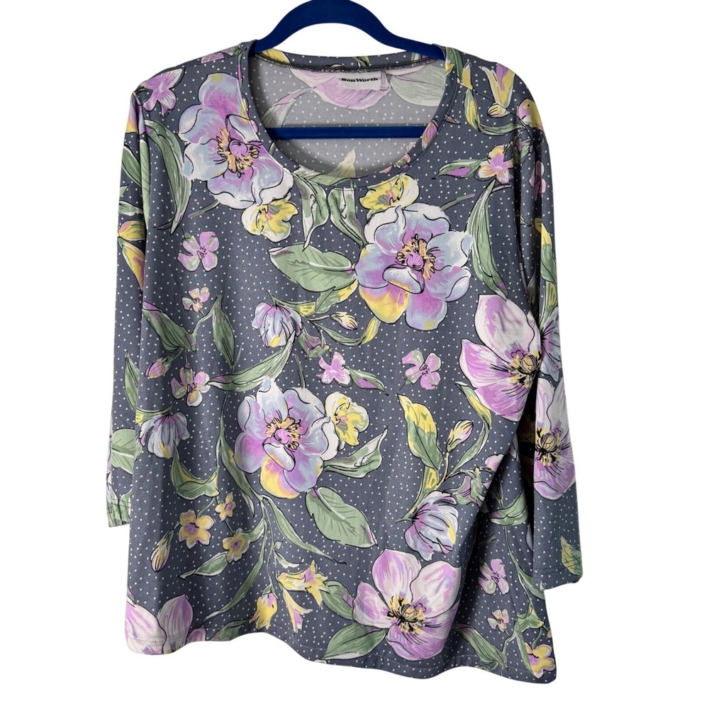 Bon Worth Womens Floral Polka Dot Long Sleeve Grey Purple‎ Pullover Top